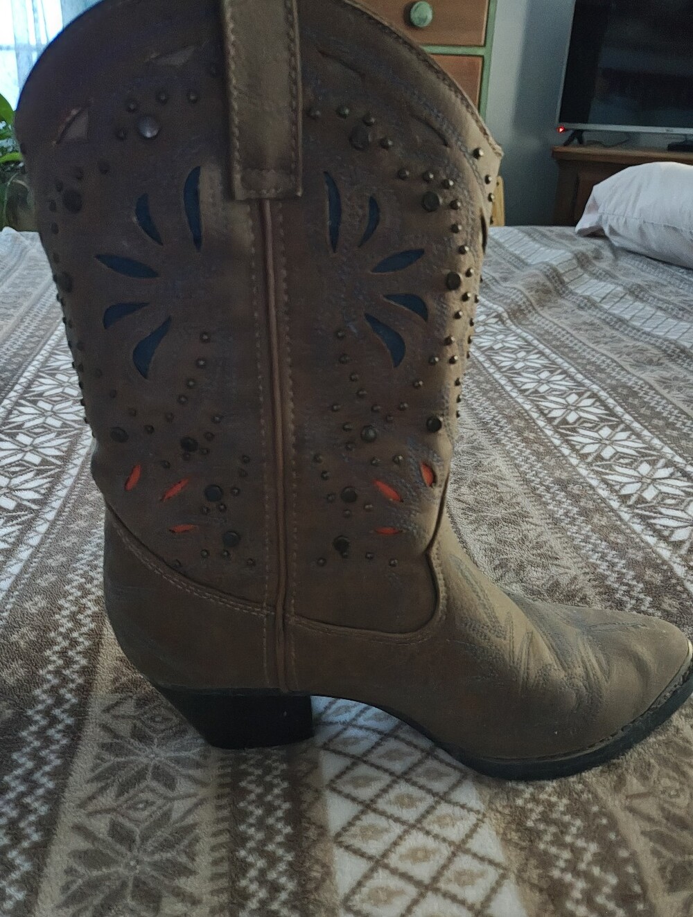 dingo Brown Western Studded Ankle Boots with Blue & Red Cutouts